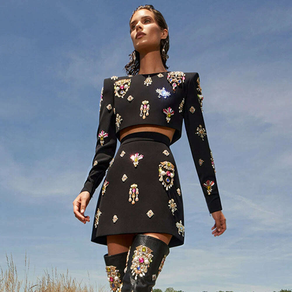 Ailigou 2023 New Autumn Women's High Quality Fashion Sexy Luxury Colorful Diamond Bead Short Top+Dress Black Two Piece Set Ailigou 2023 New Autumn Women's High Quality Fashion Sexy Luxury Colorful Diamond Bead Short Top+Dress Black Two Piece Set