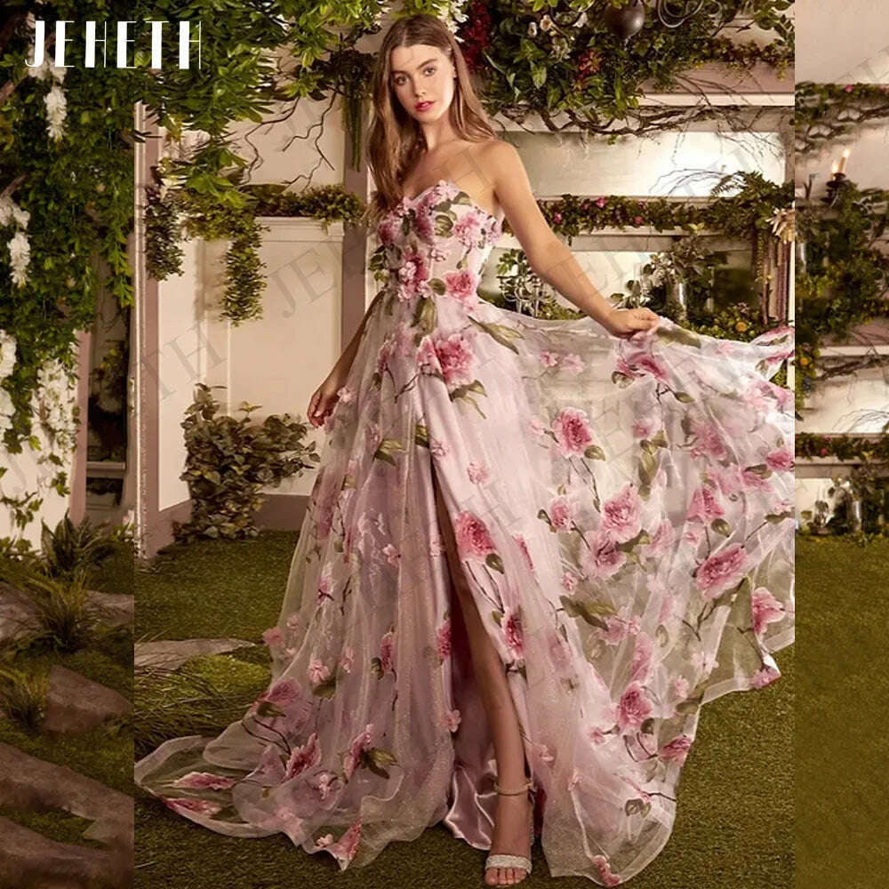 JEHETH Prom Dresses For Women 2023 Pink Floral Print Split Party Elegant Strapless A Line Evening Gown Fairy فساتين مناسبة رسمية JEHETH Prom Dresses For Women 2023 Pink Floral Print Split Party Elegant Strapless A Line Evening Gown Fairy فساتين مناسبة رسمية