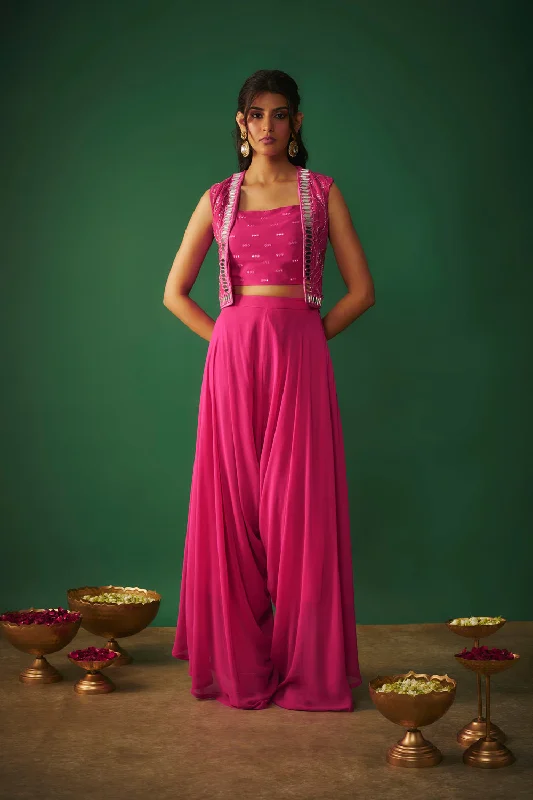 Magenta Pink Mirror Embroidered Choli, Dhoti And Crop Jacket Set Faux Fur Fabric Real Fur Fabric Shearling Fabric Magenta Pink Mirror Embroidered Choli, Dhoti And Crop Jacket Set Faux Fur Fabric Real Fur Fabric Shearling Fabric