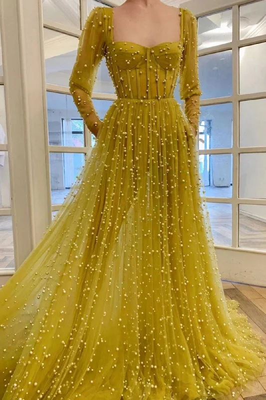 Long Sleeve Beaded Yellow Tulle Long Prom Dresses, Long Sleeves Yellow Formal Dresses, Beaded Yellow Evening Dresses Long Sleeve Beaded Yellow Tulle Long Prom Dresses, Long Sleeves Yellow Formal Dresses, Beaded Yellow Evening Dresses