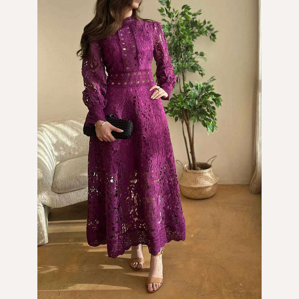 VGH Purple Hollow Out Elegant Dress For Women Round Neck Lantern Sleeve High Waist Embroidery Dresses Female Fashion New 2024