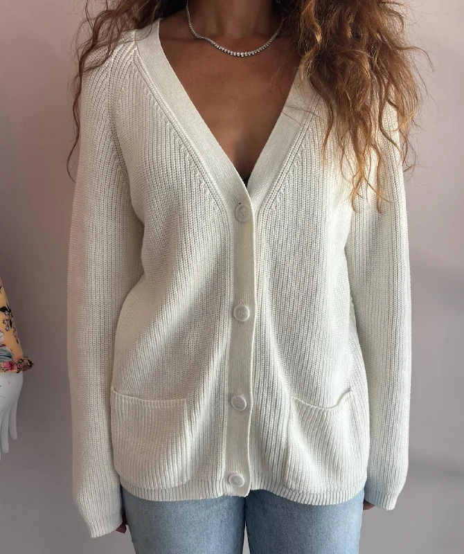 Eyelet Back Cardigan In White Front Pockets Side Pockets Patch Pockets