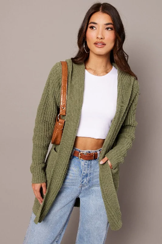 Green Knit Cardigan Hooded Longline Chenille Iron Safe Non-Iron Wrinkle Free