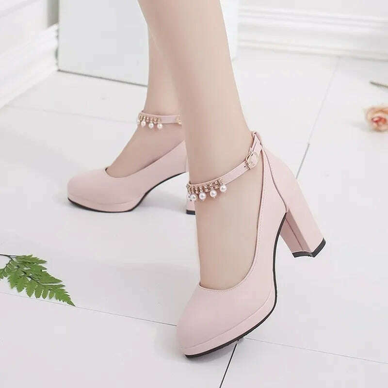 Women's Wedding Shoes String Bead Ankle Strap Elegant Middle High Heel Dress Platform Bridal Pearl Pumps 8cm 2022 Autumn Leather Women's Wedding Shoes String Bead Ankle Strap Elegant Middle High Heel Dress Platform Bridal Pearl Pumps 8cm 2022 Autumn Leather