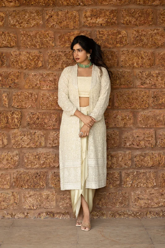 Chikankari Jacket Paired With Chikankari Blouse And Crepe Silk Drape Skirt Boat Neck Shawl Collar Notched Collar Chikankari Jacket Paired With Chikankari Blouse And Crepe Silk Drape Skirt Boat Neck Shawl Collar Notched Collar