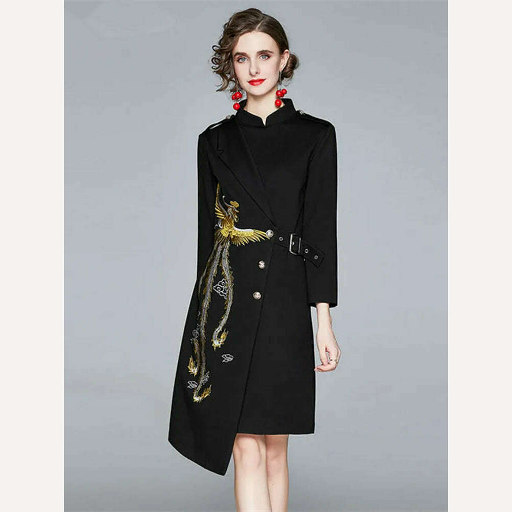 2022 Autumn Winter Women Long Sleeve Stand Collar Epaulettes Embroidered Phoenix Single-Breasted Lace Up Black Asymmetry Dress 2022 Autumn Winter Women Long Sleeve Stand Collar Epaulettes Embroidered Phoenix Single-Breasted Lace Up Black Asymmetry Dress