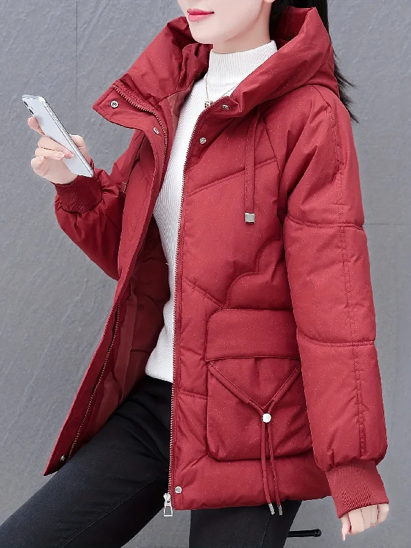 Women's Casual Mid-Length Down Cotton Coat with Hood, Solid Color, Woven Polyester, Long Sleeve, Non-Stretch, No Belt, Non-Waterproof, with Pockets - Winter Thick Cotton Parka Thick Fleece Parka Jacket Women's Casual Mid-Length Down Cotton Coat with Hood, Solid Color, Woven Polyester, Long Sleeve, Non-Stretch, No Belt, Non-Waterproof, with Pockets - Winter Thick Cotton Parka Thick Fleece Parka Jacket