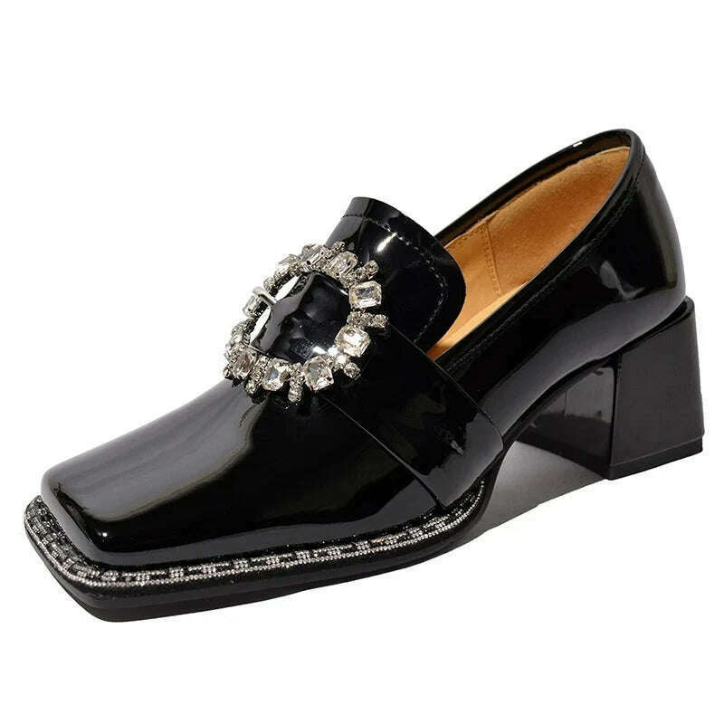 PRXDONG New Arrivals Genuine Leather Spring Summer Women Pumps Square Med Heel Crystal Black White Dress Party Office Lady Shoes