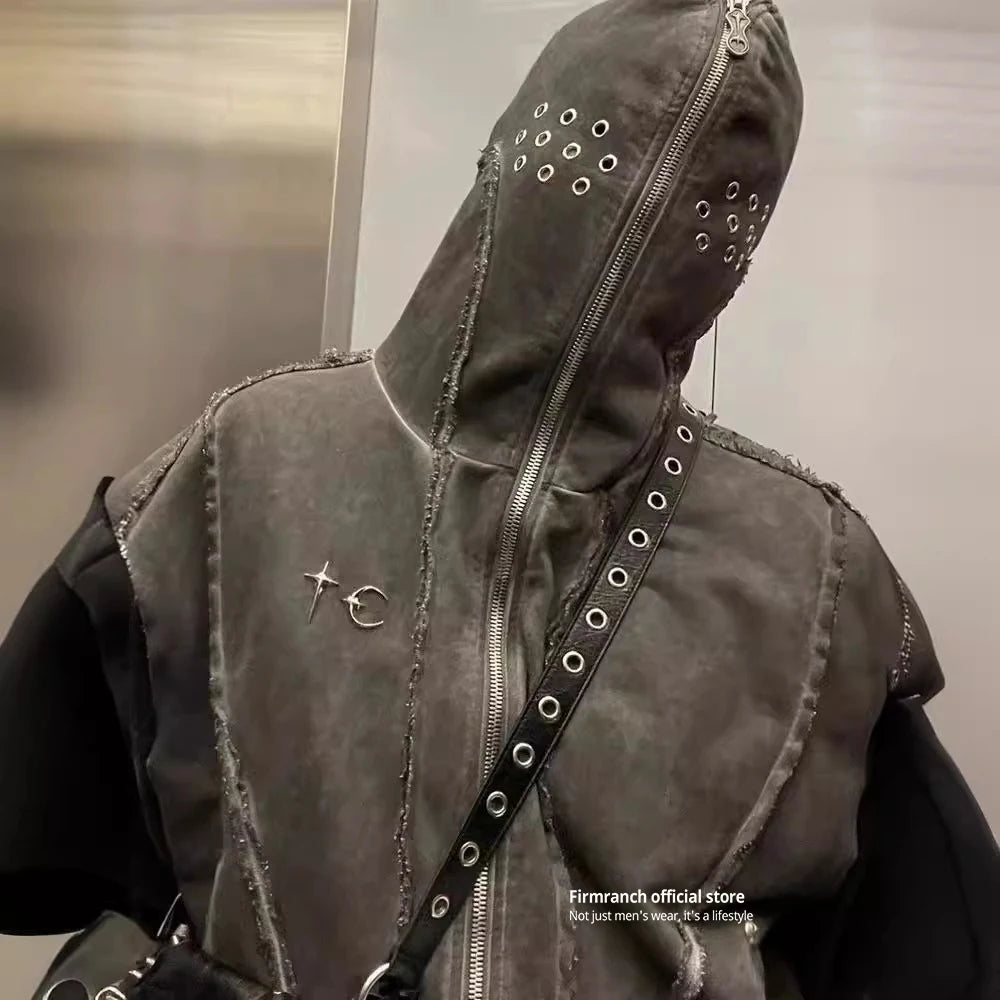 Advbridge  New Star Moon Metal Zipper Masked ninja Hoodies For Men Women Loose Top Sleeveless Jackets Splicing Hooded Cardigan Wool Fabric Cashmere Fabric Tweed Fabric