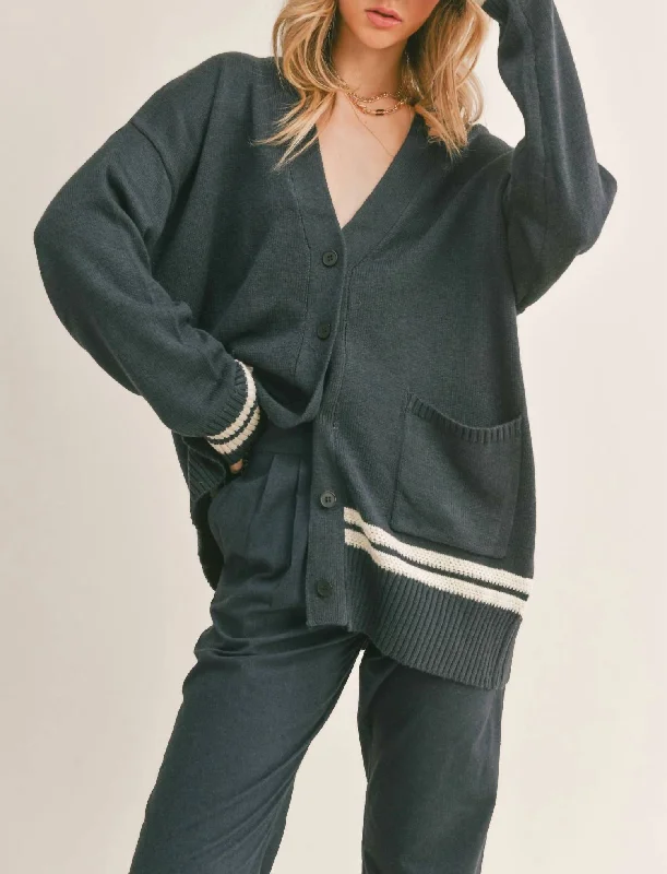 Uptown Girl Contrast Stripe Cardigan In Black Neon metallic Matte