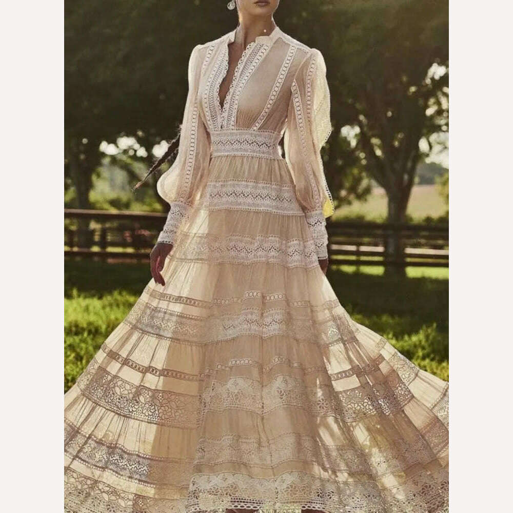 VGH Hollow Out Embroidery Dress For Women Round Neck Long Sleeve High Waist Solid Slimming Dresses Female Fashion Clothing New