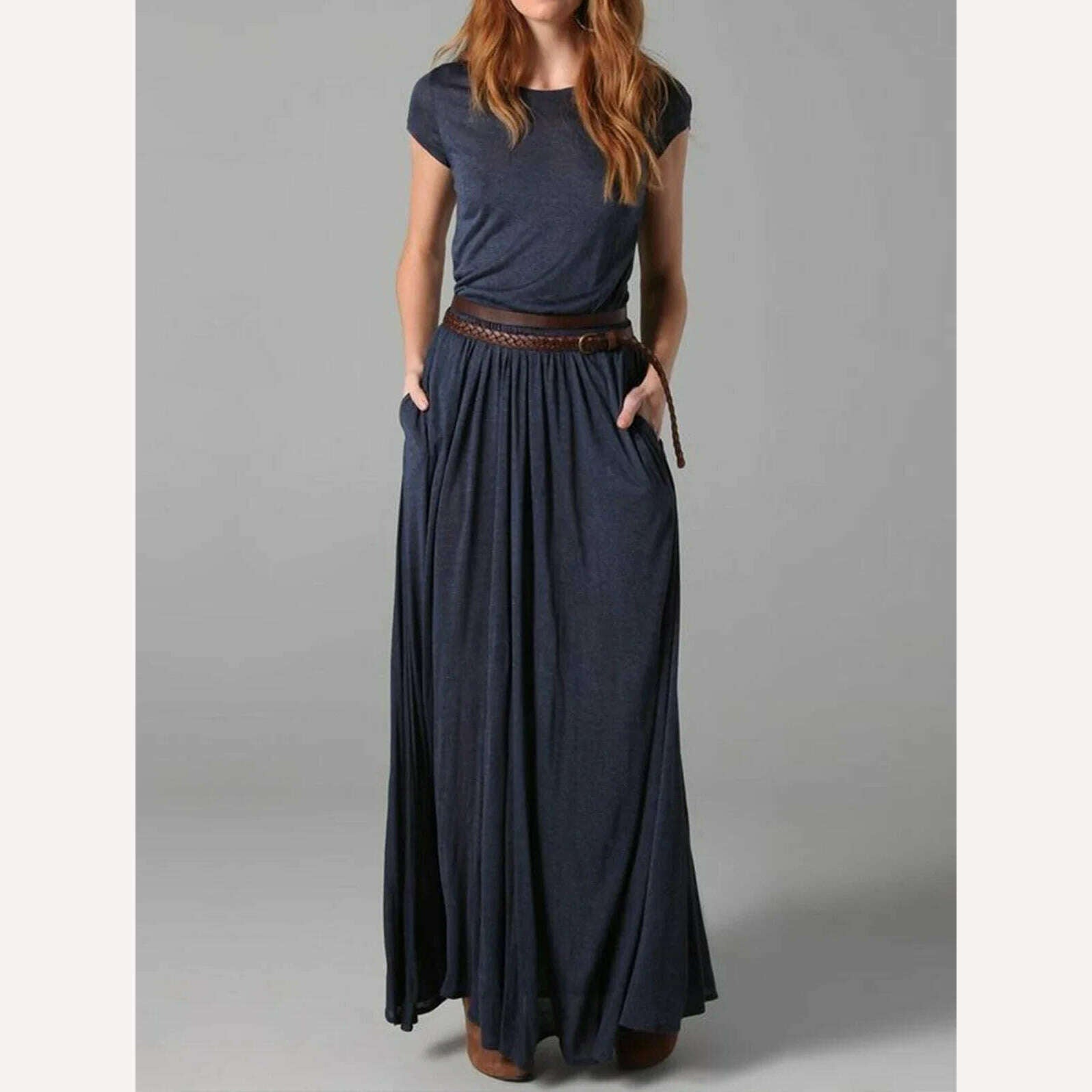 Vintage Black Round Neck Dress Short Sleeve Minimalist Casual Slim Retro Summer Female Pockets Ruched Pleated Long Dress 2024 Vintage Black Round Neck Dress Short Sleeve Minimalist Casual Slim Retro Summer Female Pockets Ruched Pleated Long Dress 2024