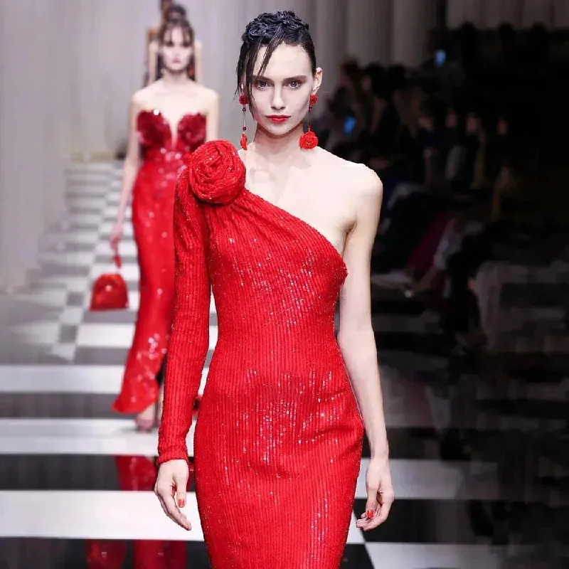 Elegant High-end Dress Rose Red Sequined Evening Dress Female New Year Battle Gown Host Elegant High-end Dress Rose Red Sequined Evening Dress Female New Year Battle Gown Host