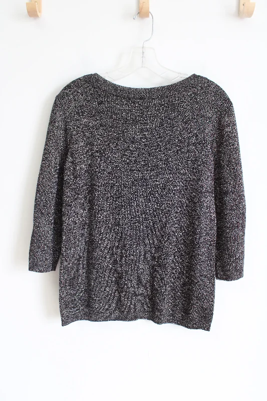 Liz Claiborne Career Black Gold Shimmer Knit Sweater | M Petite Chenille Brocade Lace Liz Claiborne Career Black Gold Shimmer Knit Sweater | M Petite Chenille Brocade Lace