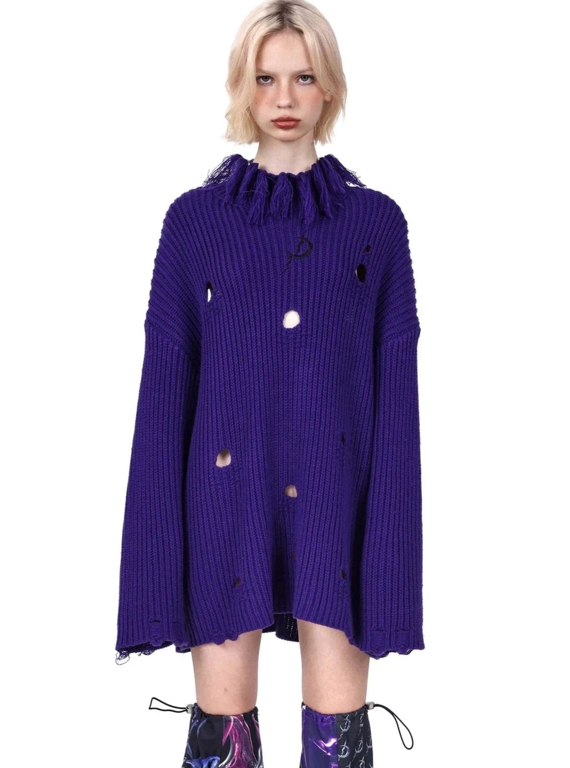 PINKSPINK Distressed Fringe Neck Sweater - Purple and Black Houndstooth Herringbone Solid PINKSPINK Distressed Fringe Neck Sweater - Purple and Black Houndstooth Herringbone Solid