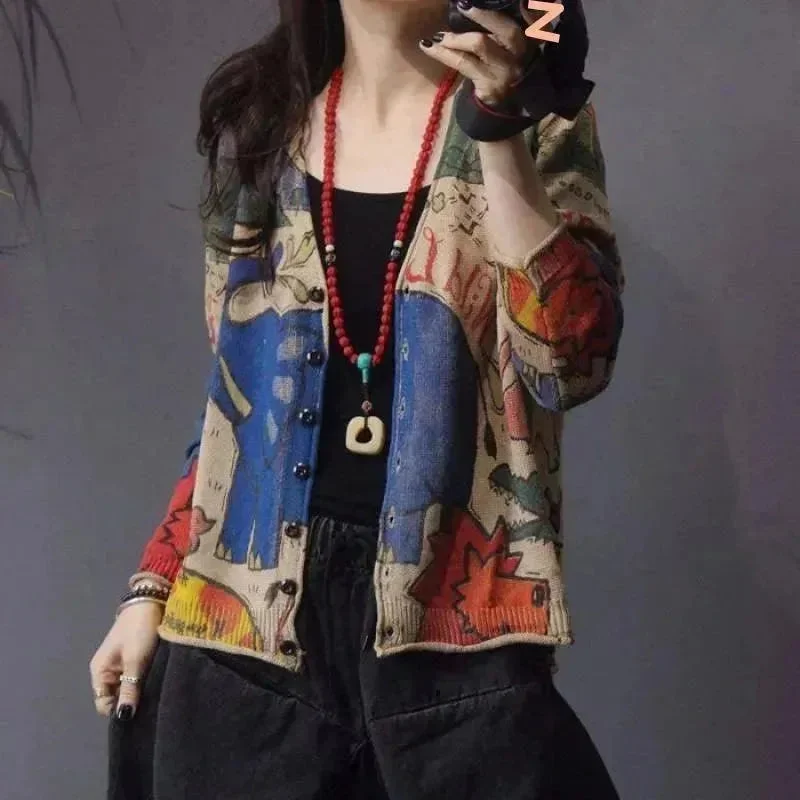 Spring Printed Knitted Cardigan Women Retro National Style Top Polka Dot Checkered Tartan