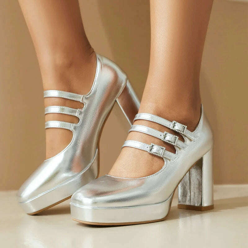 2024 Spring Women High Heel Shoes Platform Thick High Heel Ladies Pumps PU Leather Square Toe Buckle Dress Fashion Women Shoes