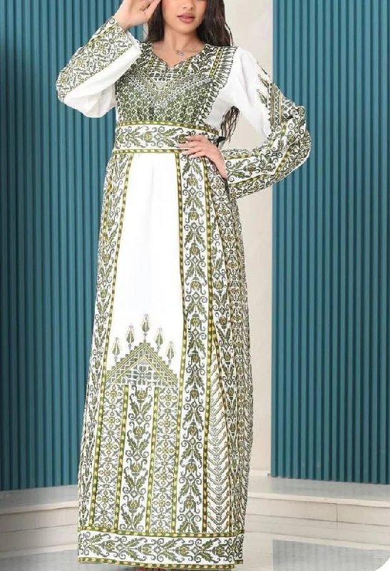 Fabulous Palestinian Embroidered White Thobe Dress with Green Densed Amazing Embroidery Fabulous Palestinian Embroidered White Thobe Dress with Green Densed Amazing Embroidery