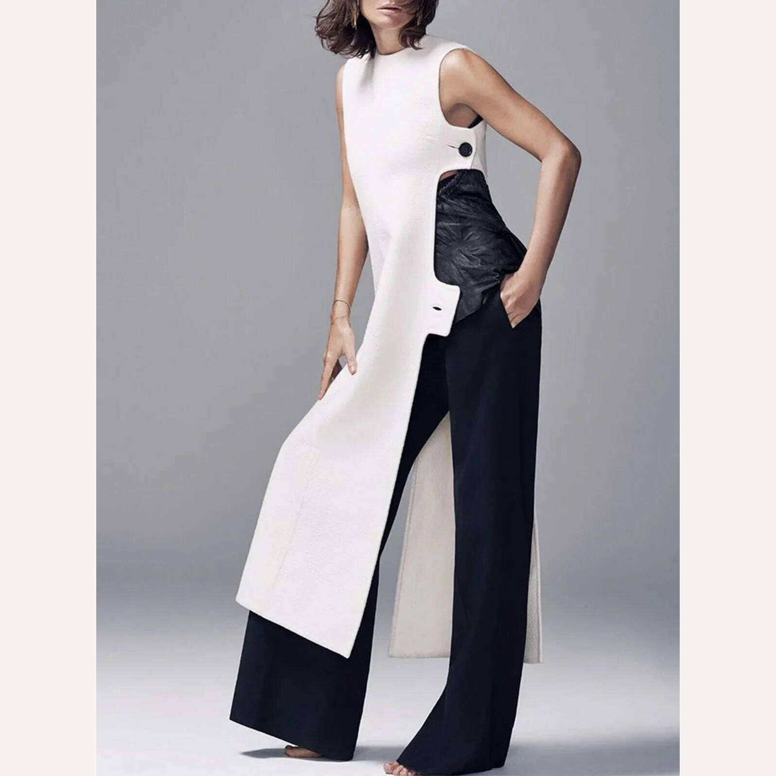 Fashion Plain Crew Neck Sleeveless Button Slit Dress Sexy Vintage Casual Chic Summer Slim Single Button High Street Long Dress Fashion Plain Crew Neck Sleeveless Button Slit Dress Sexy Vintage Casual Chic Summer Slim Single Button High Street Long Dress