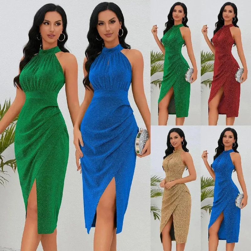 Shiny Stand Collar Formal Dress Slim Fit Charming Slit Irregular Dress