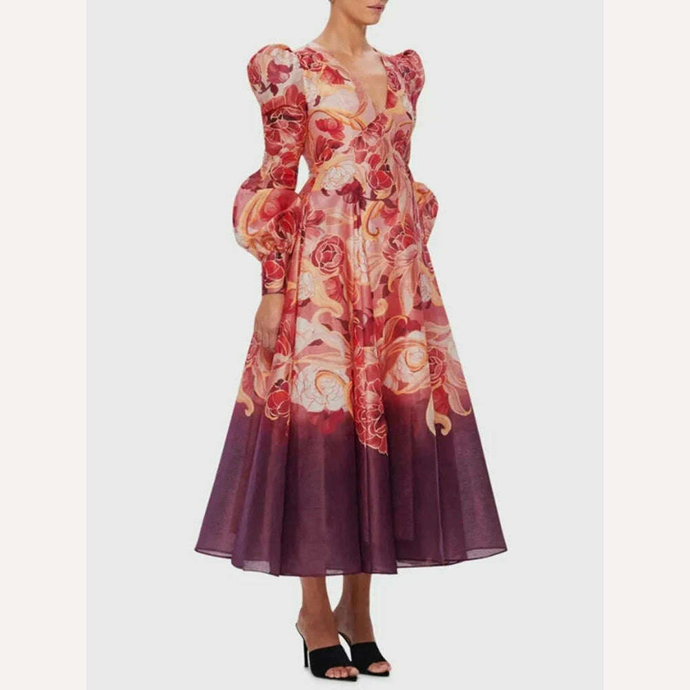 VGH Vintage Hit Color Floral Printing Dresses For Women V Neck Lantern Sleeve High Waist Temperament Formal Dress Female Style