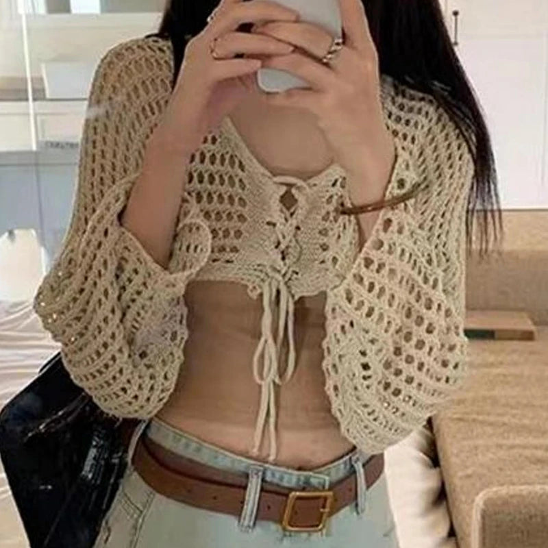 Advbridge 1Pcs Summer Fashion Lace-up V-neck Long Sleeve Hollow Knitted Cardigan Women's Crop Top Rayon Fabric Velvet Fabric Corduroy Fabric Advbridge 1Pcs Summer Fashion Lace-up V-neck Long Sleeve Hollow Knitted Cardigan Women's Crop Top Rayon Fabric Velvet Fabric Corduroy Fabric