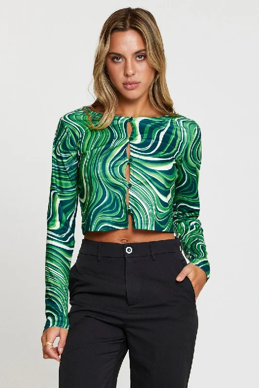 Print Crop Cardigan Long Sleeve Round Neck Toggled Drawstring Belted