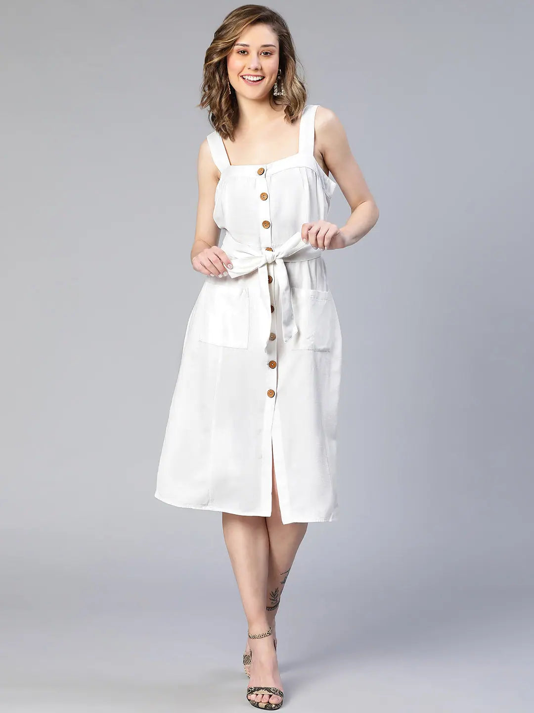 High Class White Button -Down Women Cotton Dress