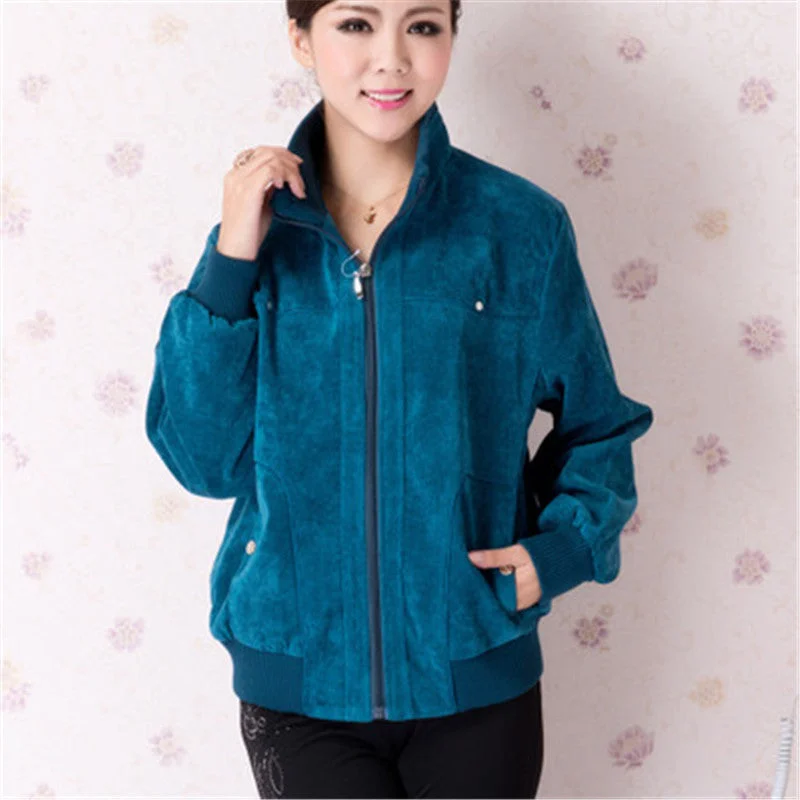 Middle-Aged Women Short Cardigans Coats Long Sleeve Slim Plus Size Corduroy Jackets Solid Print Embellished
