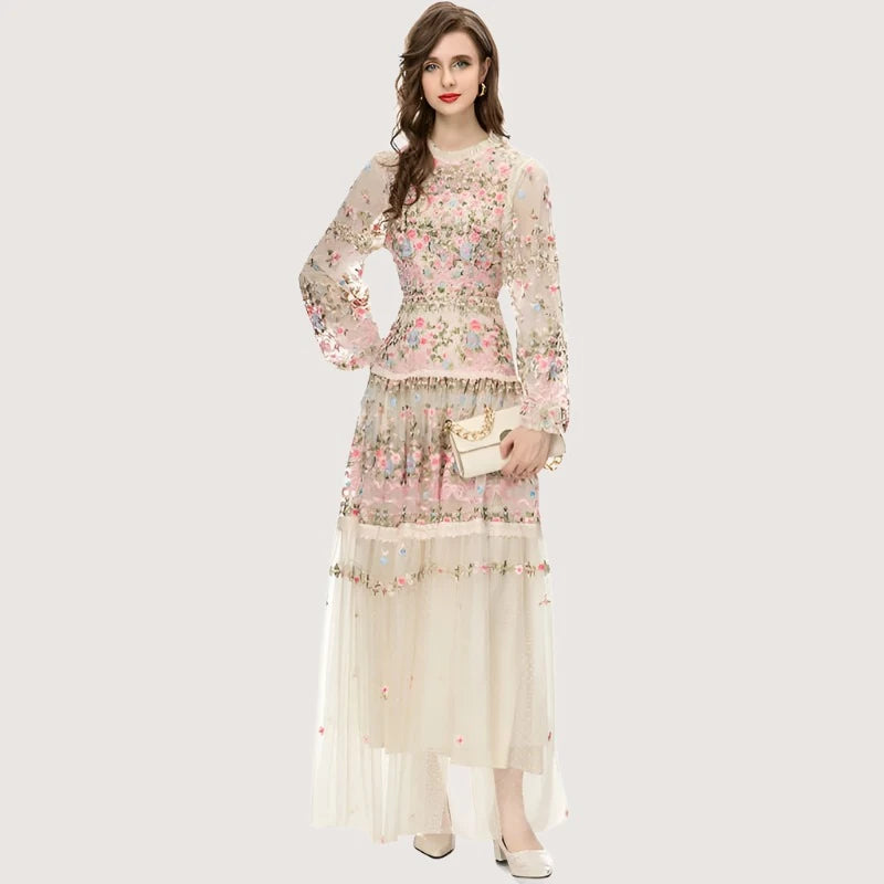 MARYYIMEI New 2023 Vintage Fashion Designer Dress Women's Mesh Embroidered Translucent Lantern Sleeve Slim White Long Dress