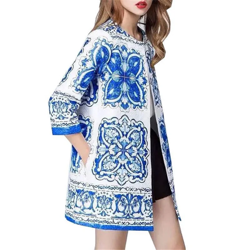 Women Blue White Trench Coat Casual Flower Print Outwear Coat Vintage Print Long Loose Cotton Cardigan Satin Blend Silk Blend Wool Blend Women Blue White Trench Coat Casual Flower Print Outwear Coat Vintage Print Long Loose Cotton Cardigan Satin Blend Silk Blend Wool Blend