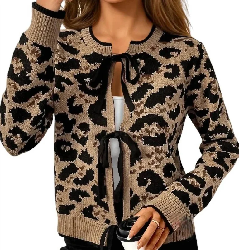 Angelique Leopard Print Bow Tie Knitted Cardigan In Brown Layered Multi-layer Single Layer