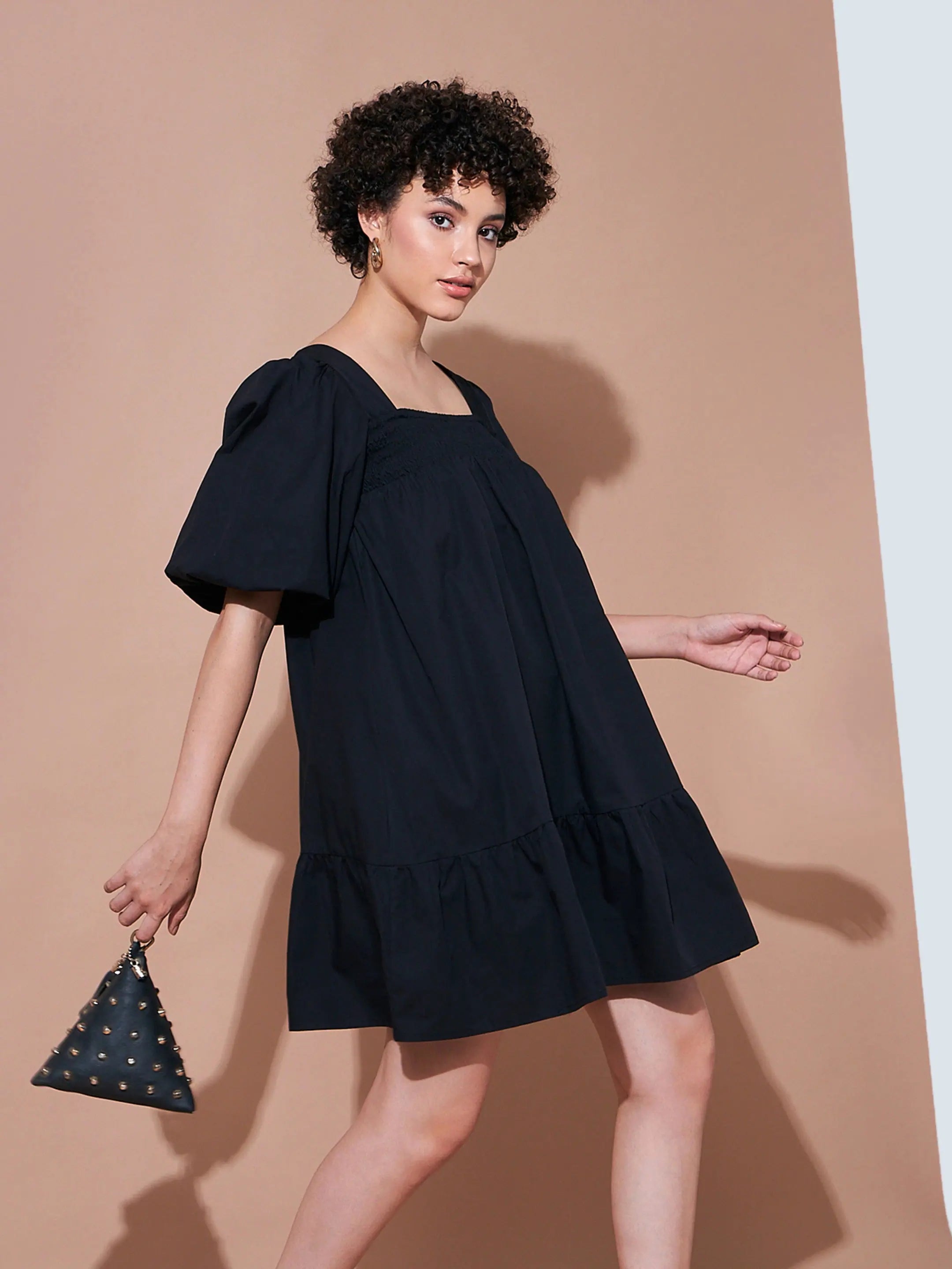 Women Black Cotton Poplin Puff Sleeves Tiered Dress