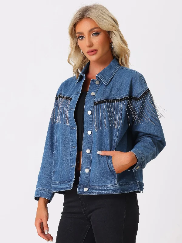 Beads Fringe Denim Button Front Western Cowgirl Tassel Jean Jackets Mesh Jacket Canvas Jacket Denim Jacket Beads Fringe Denim Button Front Western Cowgirl Tassel Jean Jackets Mesh Jacket Canvas Jacket Denim Jacket
