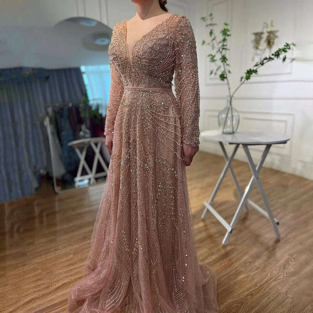 2023 Dubai Rose Gold A-Line Luxury Prom Dresses V-Neck Pearls Crystal Sleeveless Party Wear Serene Hill BLA70287 2023 Dubai Rose Gold A-Line Luxury Prom Dresses V-Neck Pearls Crystal Sleeveless Party Wear Serene Hill BLA70287