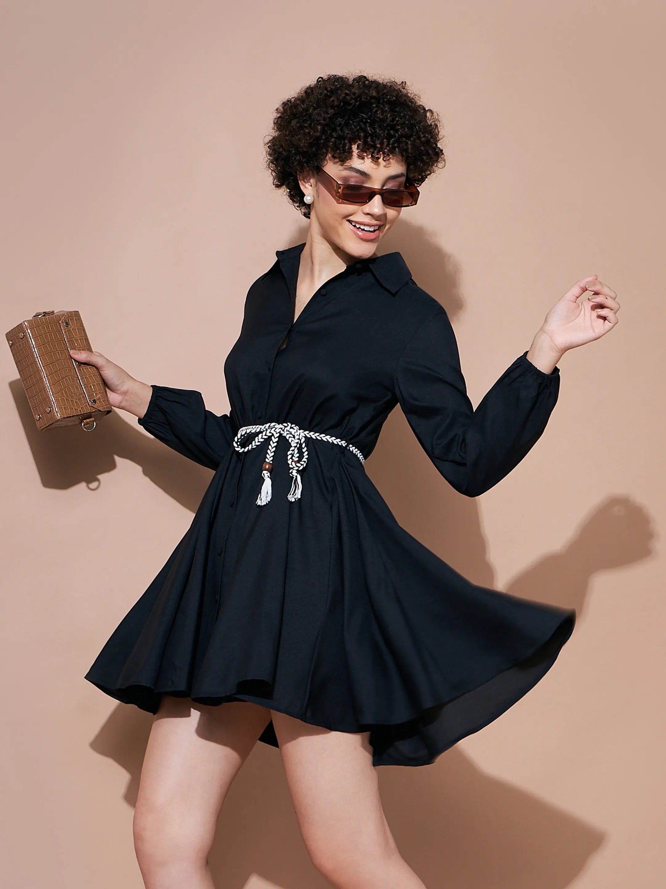 Women Black Belted Flared Skater Dress
