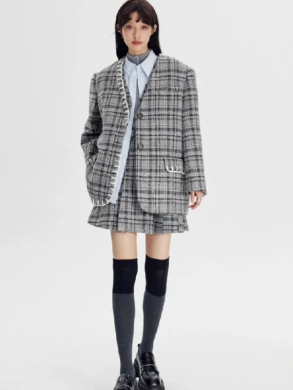 Plaid vest jacket and pleated skirt【s0000003970】 Denim Fabric Leather Fabric Suede Fabric Plaid vest jacket and pleated skirt【s0000003970】 Denim Fabric Leather Fabric Suede Fabric