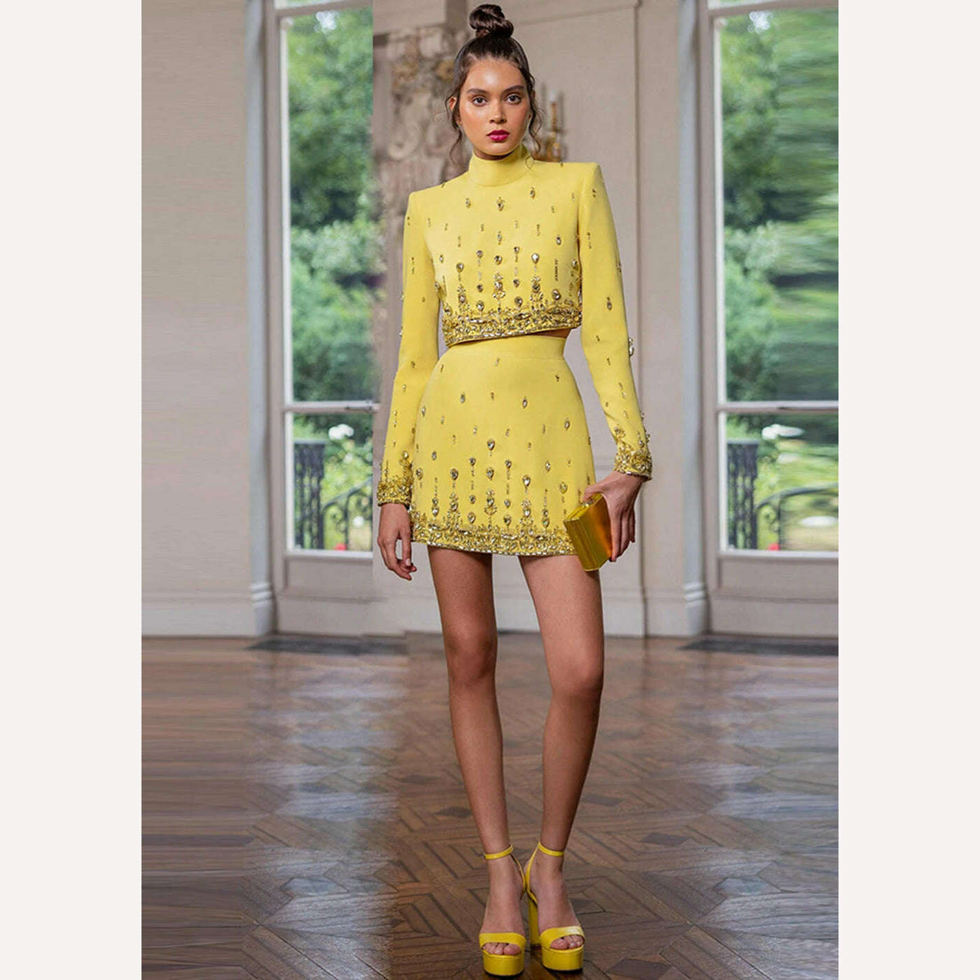 Ailigou 2023 New Autumn Women's Fashion Sexy Diamond Beaded Short Top+Dress Yellow Two Piece Suit Set High Quality Ailigou 2023 New Autumn Women's Fashion Sexy Diamond Beaded Short Top+Dress Yellow Two Piece Suit Set High Quality