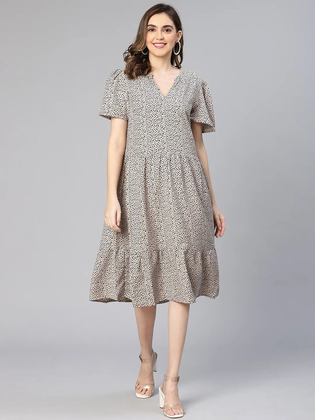 Hop Grey Abstract Dot Print Short Sleeve Women Knee Length Dress