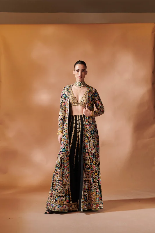 Black Long Embroidered Jacket With A Bustier And Sharara Front Pockets Side Pockets Patch Pockets Black Long Embroidered Jacket With A Bustier And Sharara Front Pockets Side Pockets Patch Pockets