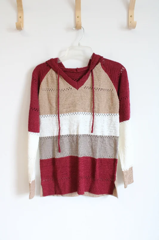 Red Tan & White Striped Hooded Sweater | S Layered Multi-layer Single Layer