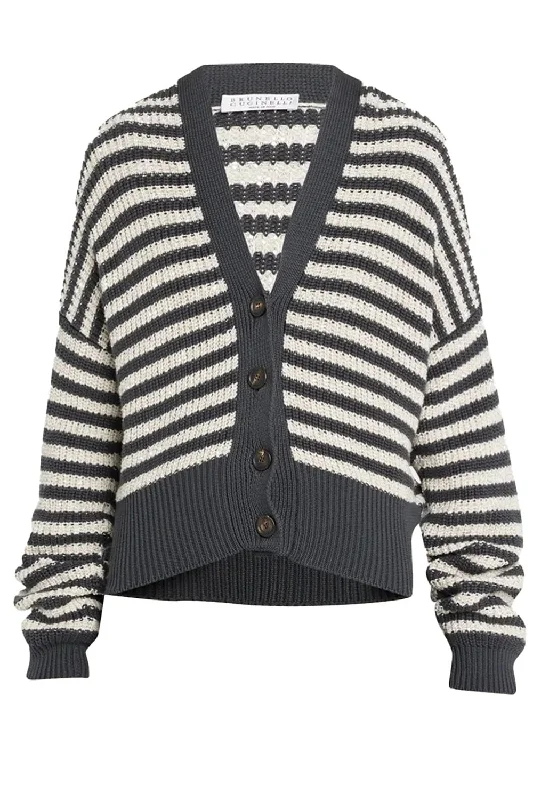 Pailette Striped Cardigan Silk Blend Satin Velvet