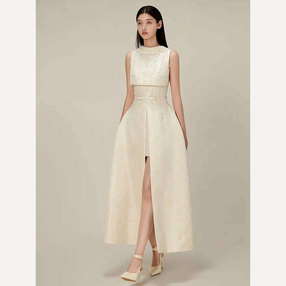 DEAT Elegant Dress Backless Sleeveless High Split Jacquard Sequins Waist Women's Long Dresses 2024 Spring New Fashion 13DB4582