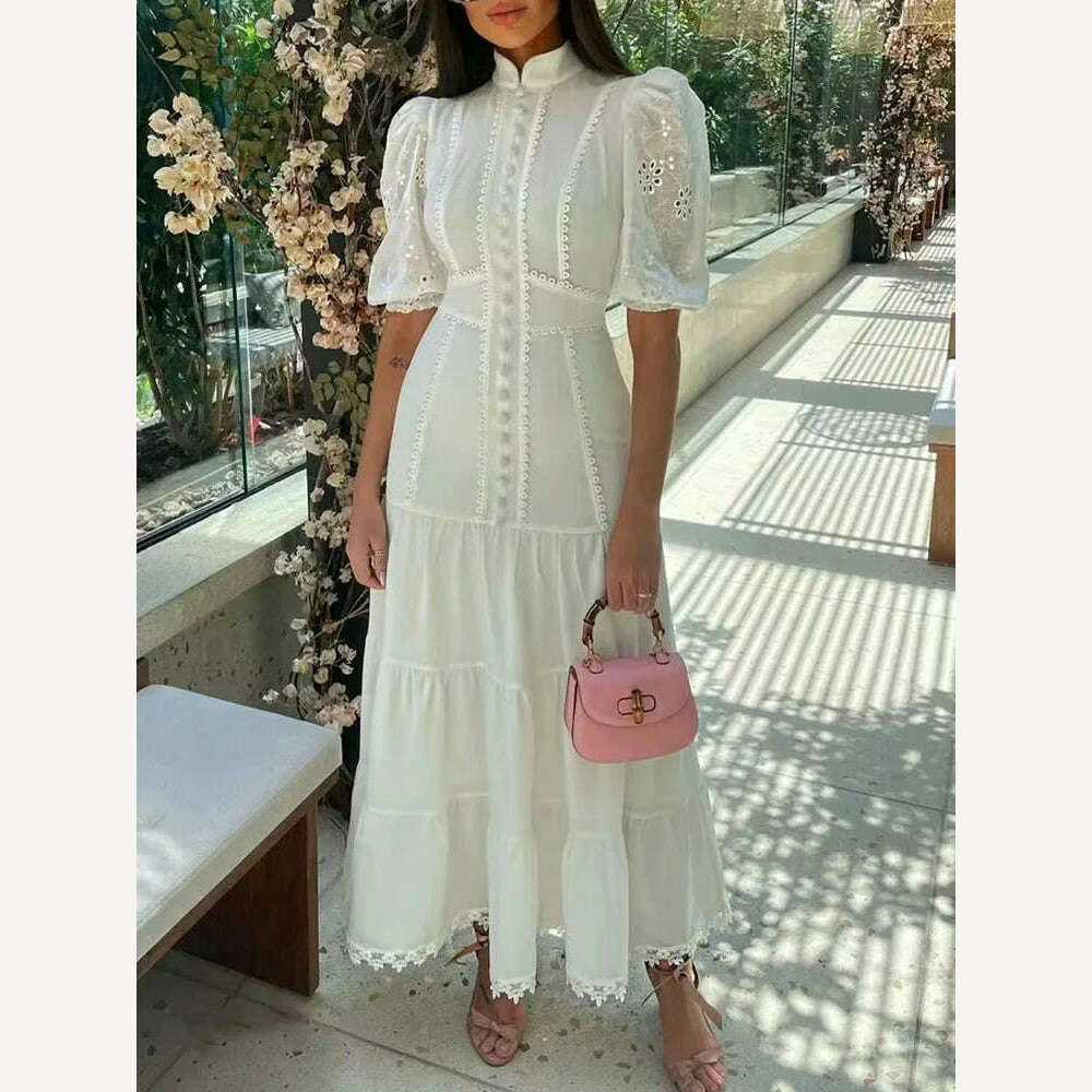 VGH Casual Solid Dress For Women Stand Collar Short Puff Sleeve High Waist Patchwork Lace Long Dresses Female Fashion Clothing VGH Casual Solid Dress For Women Stand Collar Short Puff Sleeve High Waist Patchwork Lace Long Dresses Female Fashion Clothing