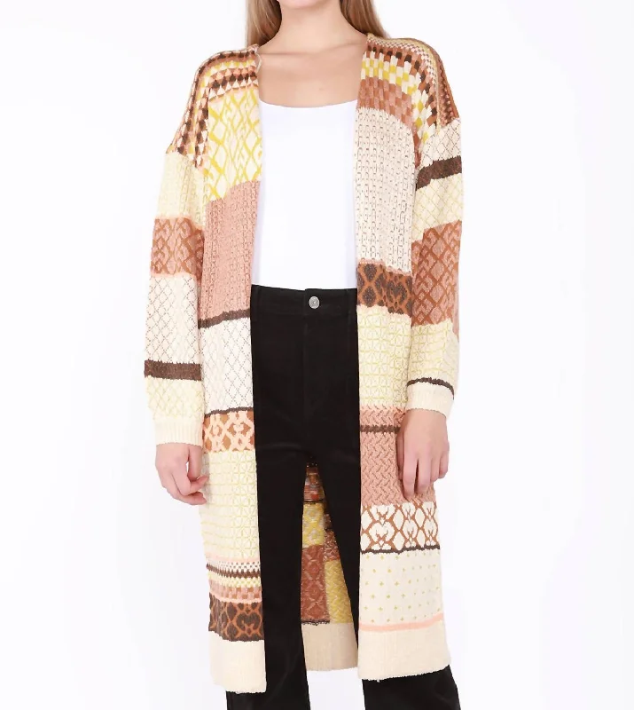 Textured Patchwork Stripe Cardigan In Multi Beige/brown Lace Blend Ribbed Blend Corduroy Blend