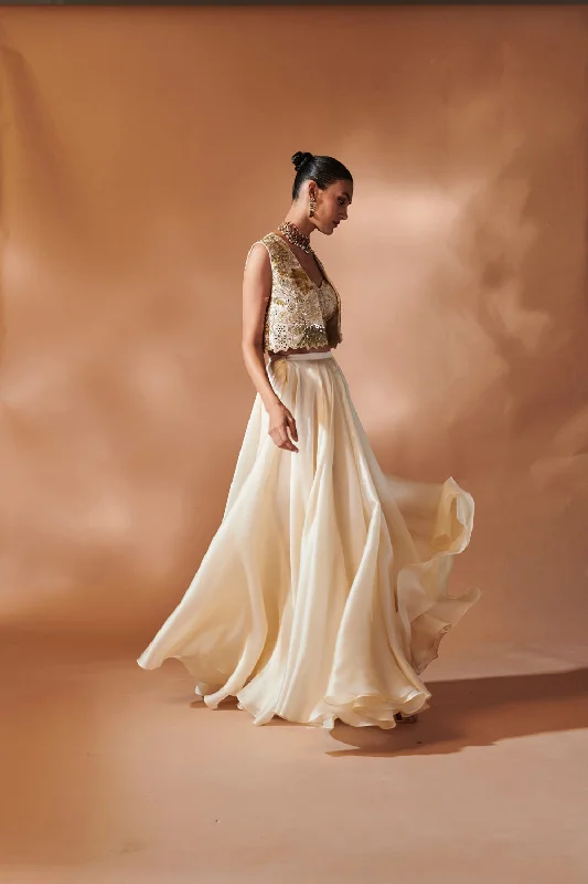 Ivory Organza Skirt With An Embroidered Blouse And Jacket Zip Front Button Front Snap Front Ivory Organza Skirt With An Embroidered Blouse And Jacket Zip Front Button Front Snap Front