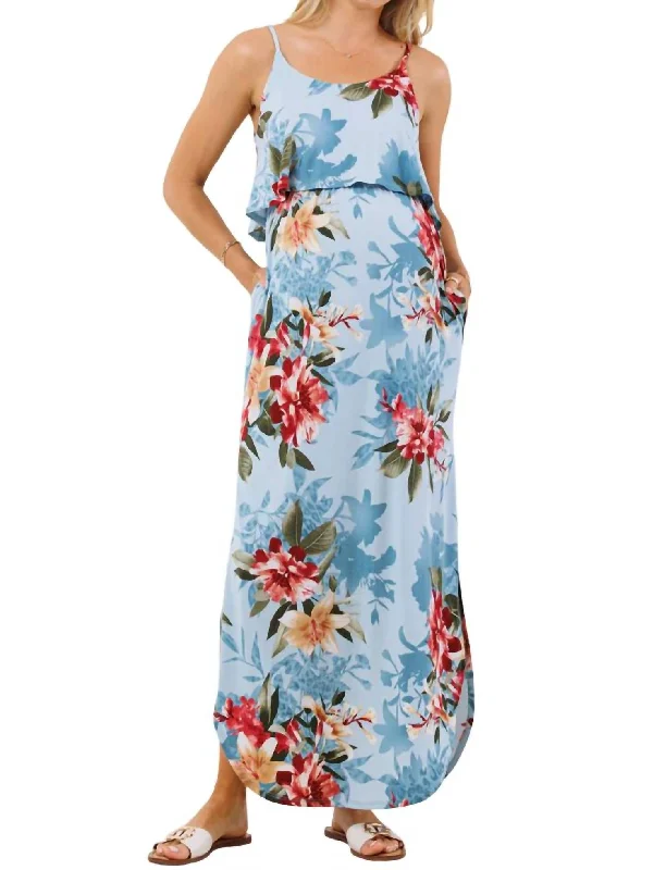 Floral Overlay Maternity Nursing Dress In Blue