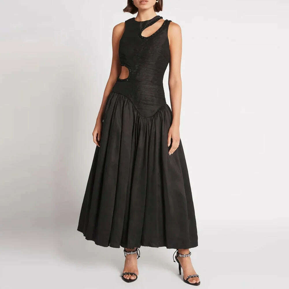 GALCAUR Print Hit Color Dresses For Women O Neck Sleeveless Off Shoulder Hollow Out High Waist Tunic Slim Pleated Dress Female GALCAUR Print Hit Color Dresses For Women O Neck Sleeveless Off Shoulder Hollow Out High Waist Tunic Slim Pleated Dress Female