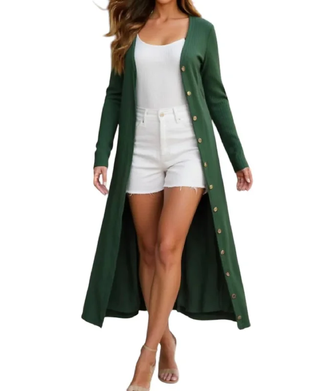 Ribbed Maxi Cardigan In Green Notch Collar Peter Pan Collar Cowl Neck