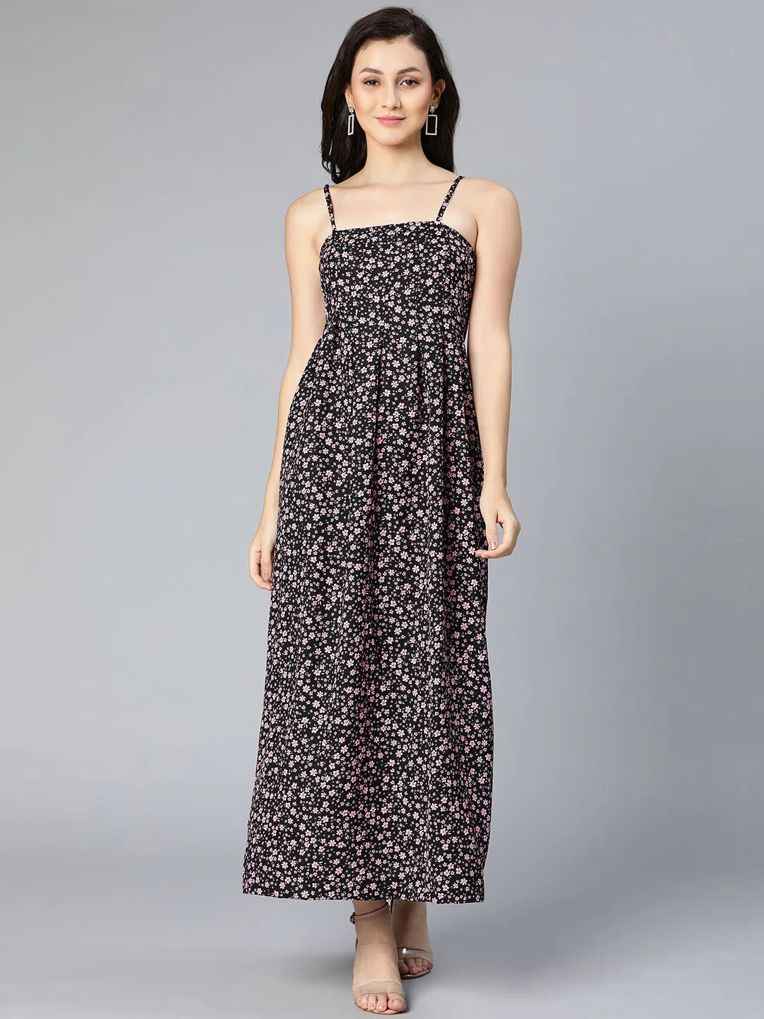 Shy Black floral printed & pleated shoulder strapped women dress